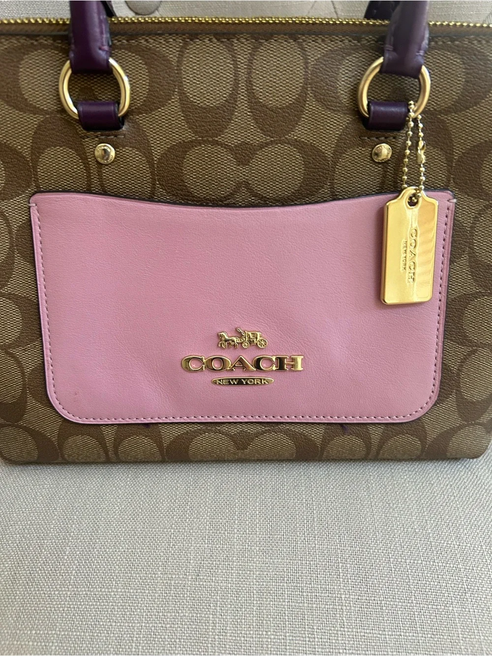 Coach Brown  Canvas Satchel Mini Emma Signature Pink Pocket and Purple Handles